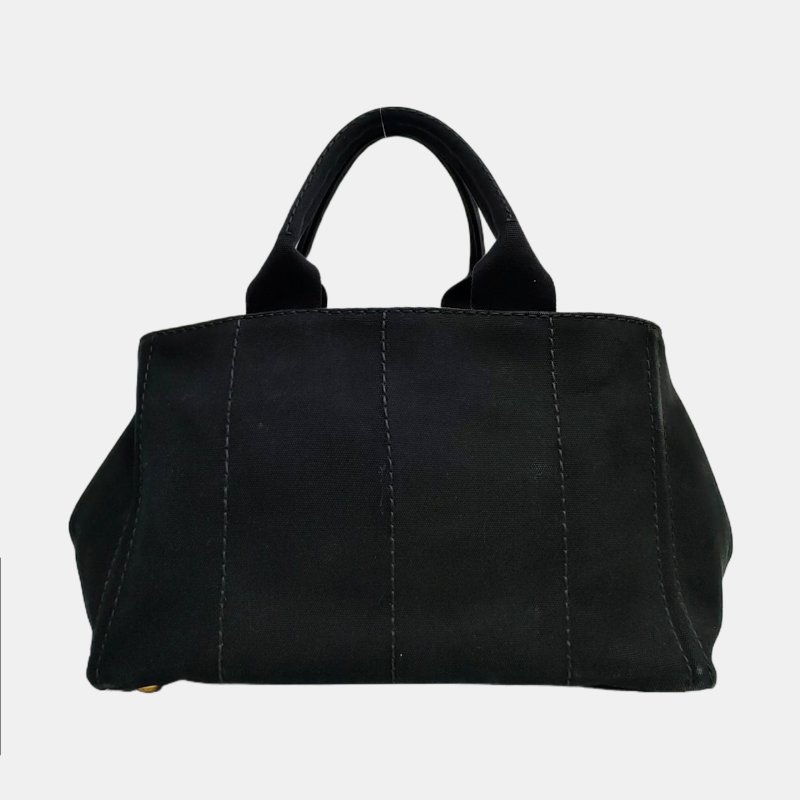 PRADA Denim黑色帆布印花絎縫手提包金色五金-4