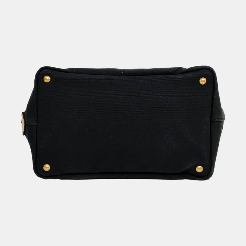 PRADA Denim黑色帆布印花絎縫手提包金色五金-5