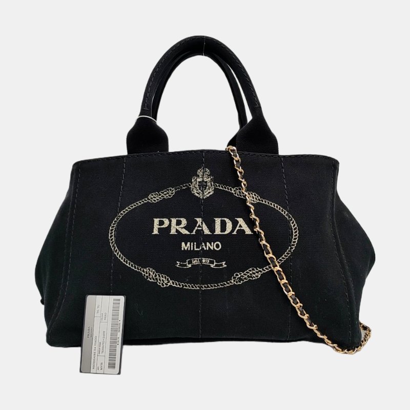 PRADA Denim黑色帆布印花絎縫手提包金色五金-7