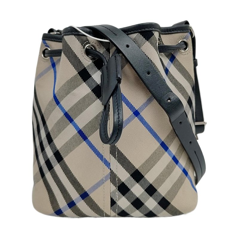 BURBERRY水桶包淺灰色織物單肩包銀色五金-0