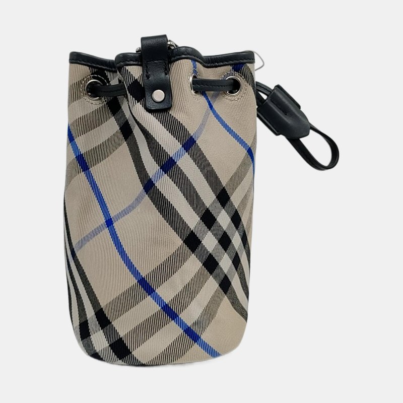 BURBERRY水桶包淺灰色織物單肩包銀色五金-3