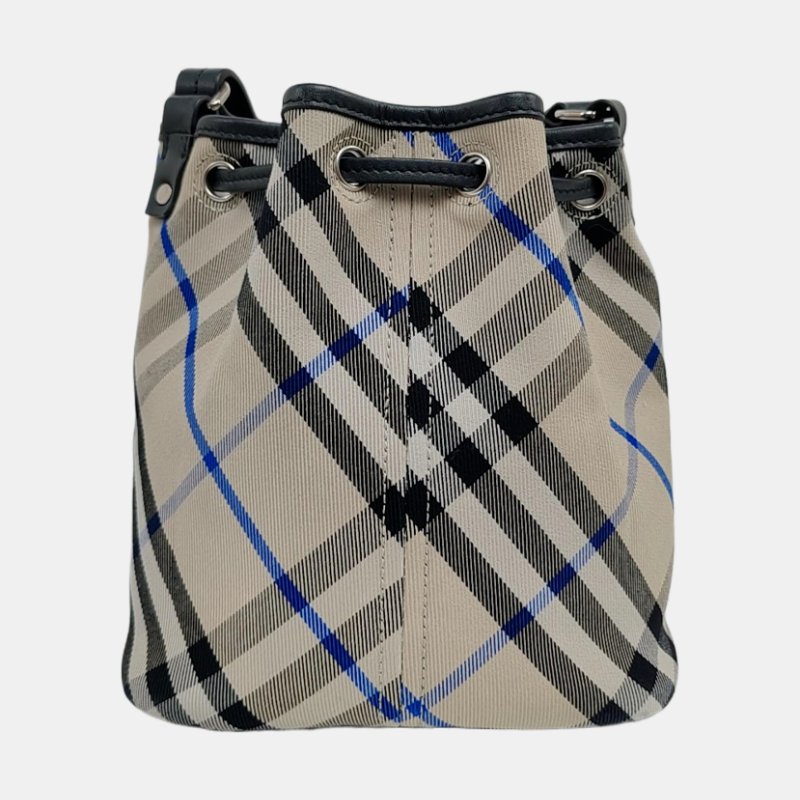 BURBERRY水桶包淺灰色織物單肩包銀色五金-4