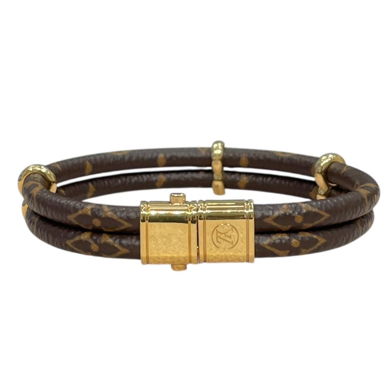 LOUIS VUITTON 路易威登 KEEP IT TWIC 雙層鎖頭手環 PVC帆布 老花 棕色 金釦-5