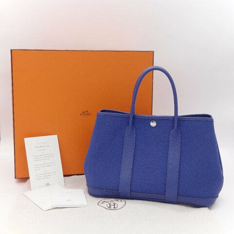 Hermès 愛馬仕 Garden Party 30 藍色帆布 牛皮手提包