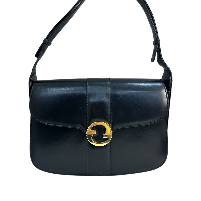 Gucci Vintage 中古黑色金色logo小牛皮肩背包-3