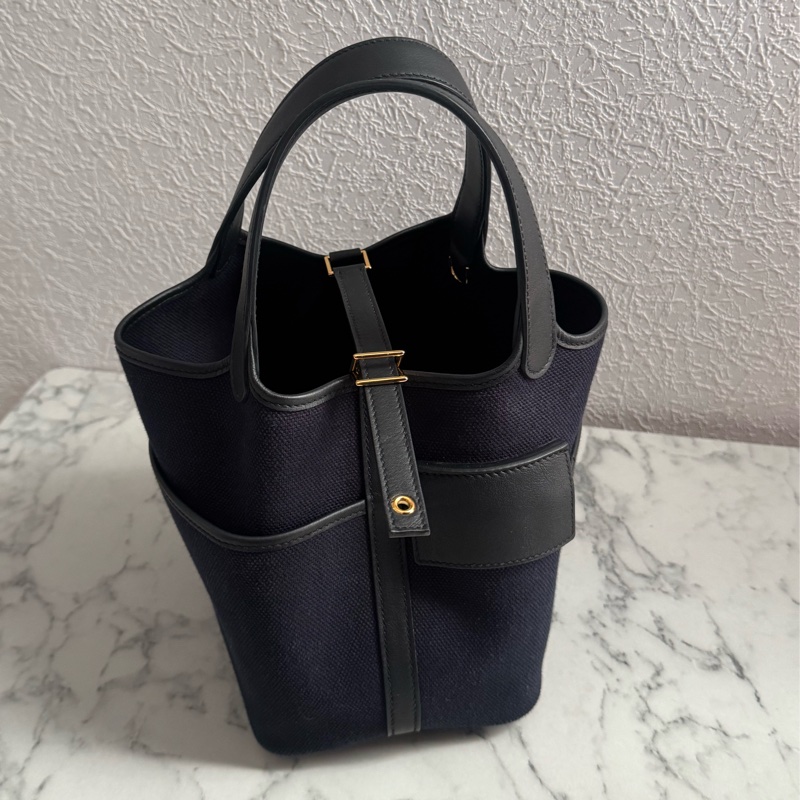 Hermes深藍帆布/黑皮革金釦picotin18  超好看✨-0