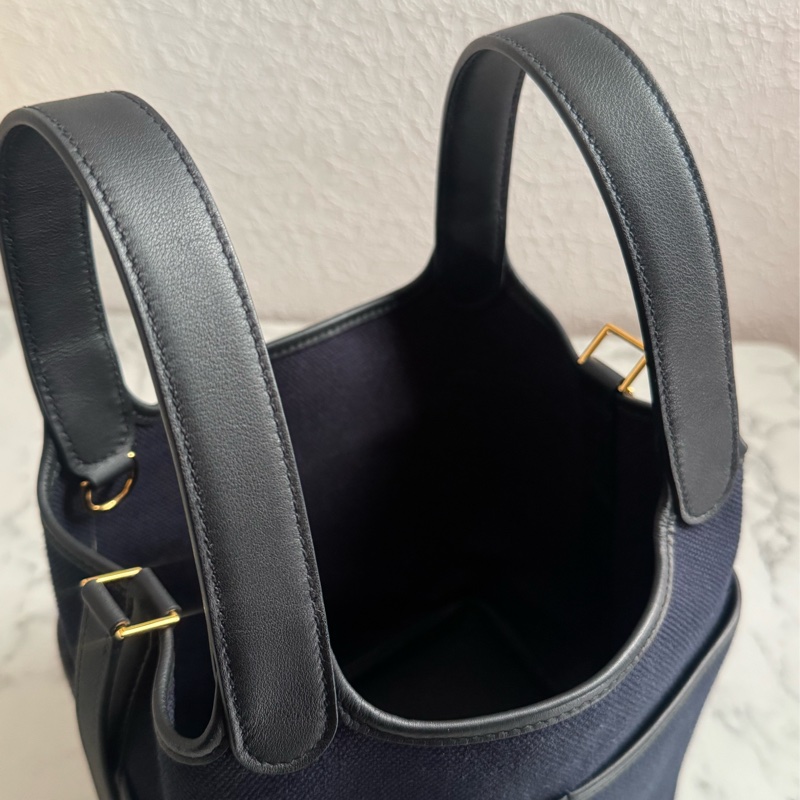 Hermes深藍帆布/黑皮革金釦picotin18  超好看✨-21