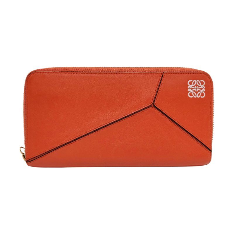 LOEWE Puzzle橙色牛皮絎縫錢包金色五金-0