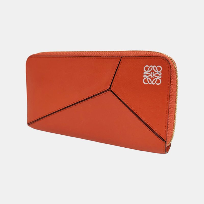 LOEWE Puzzle橙色牛皮絎縫錢包金色五金-2