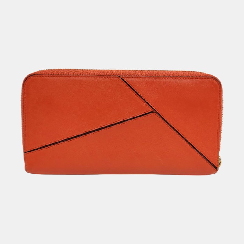 LOEWE Puzzle橙色牛皮絎縫錢包金色五金-4