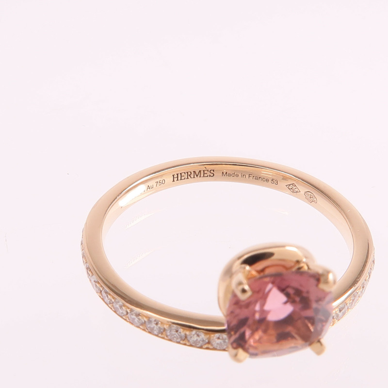 HERMES 18K玫瑰金Grand Jete Solitaire電氣石/鑽石戒指Hermes#53/US#6.5-4