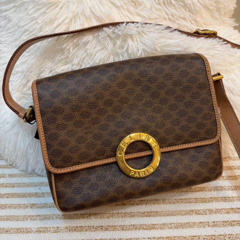 celine macadam 金環 老花 豆腐包 中古 棕色 vintage