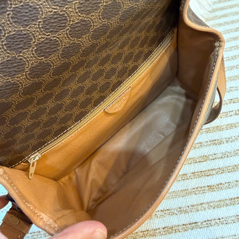 celine macadam 金環 老花 豆腐包 中古 棕色 vintage-11