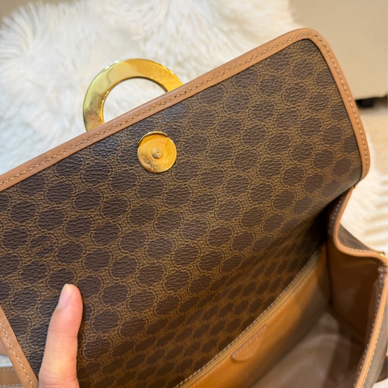 celine macadam 金環 老花 豆腐包 中古 棕色 vintage-12