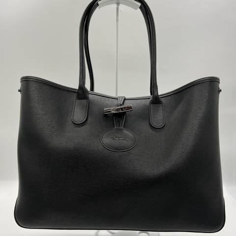 Longchamp 龍鑲 黑色皮質 牛角扣 手提/肩背兩用 托特包