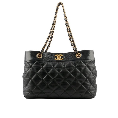 金色CC Logo 菱格紋小牛皮三層肩背托特包(黑色)