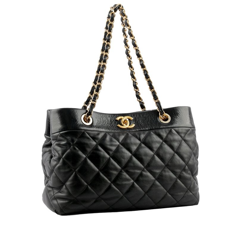 金色CC Logo 菱格紋小牛皮三層肩背托特包(黑色)-1