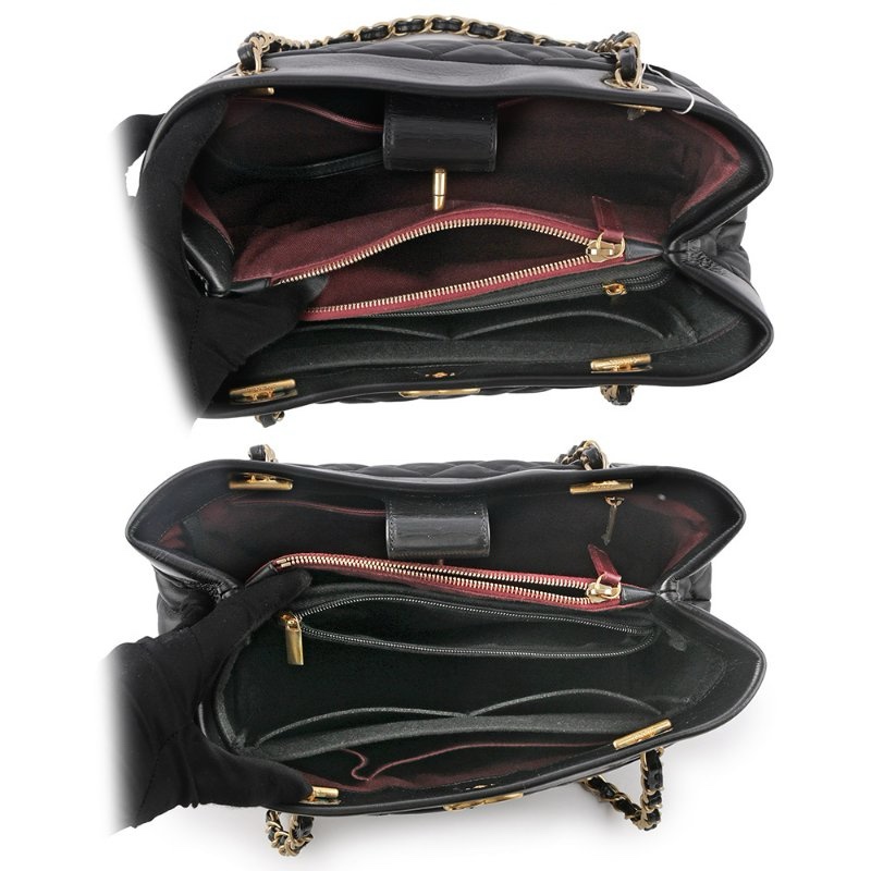 金色CC Logo 菱格紋小牛皮三層肩背托特包(黑色)-5