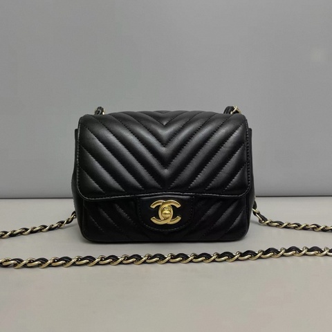 Chanel香奈兒 cf黑金全皮V紋方胖子