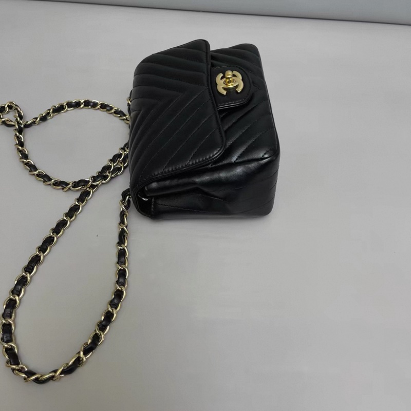 Chanel香奈兒 cf黑金全皮V紋方胖子-2