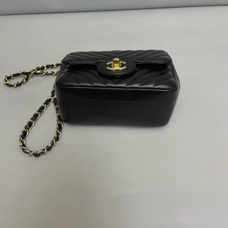 Chanel香奈兒 cf黑金全皮V紋方胖子-3