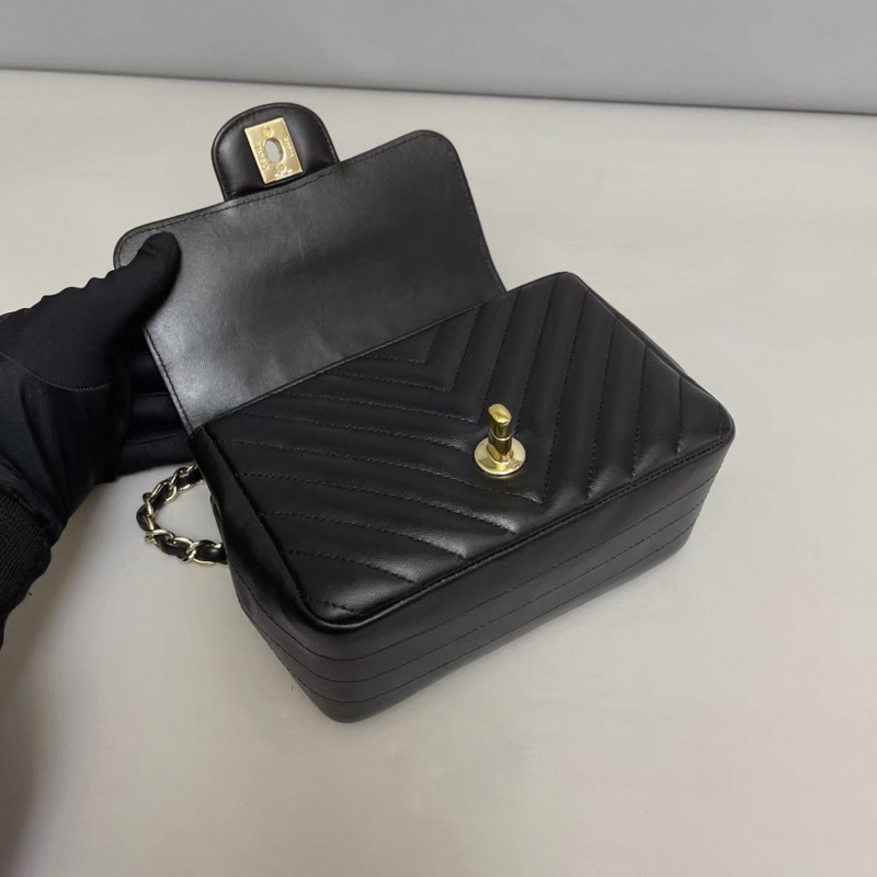 Chanel香奈兒 cf黑金全皮V紋方胖子-5