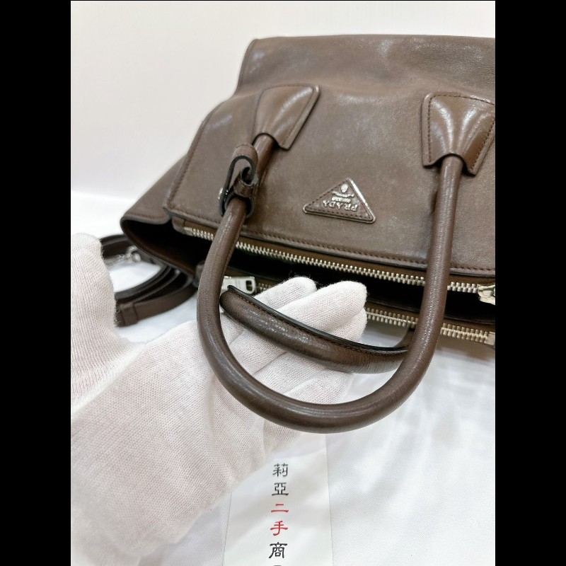 莉亞精品♡PRADA 咖色皮革兩用包 二手美包-10