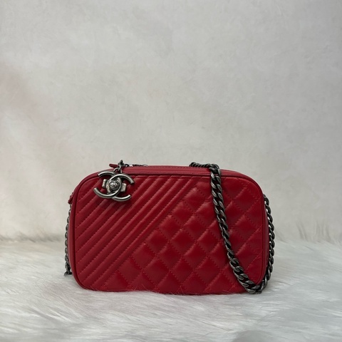 Chanel 櫻桃紅牛皮銀鏈雙層相機包