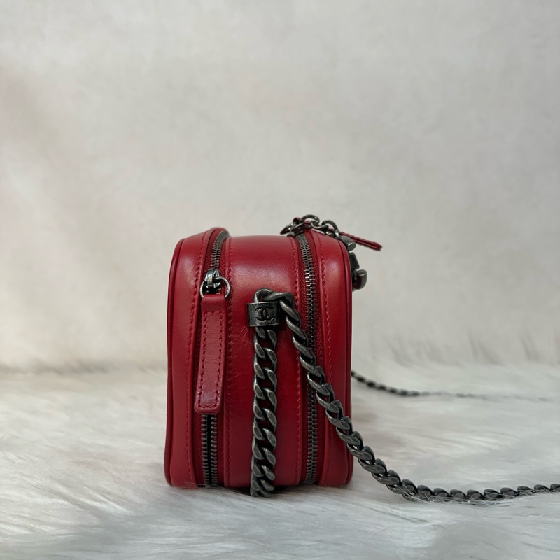 Chanel 櫻桃紅牛皮銀鏈雙層相機包-3