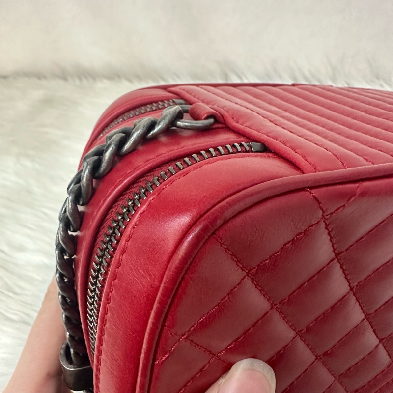 Chanel 櫻桃紅牛皮銀鏈雙層相機包-6