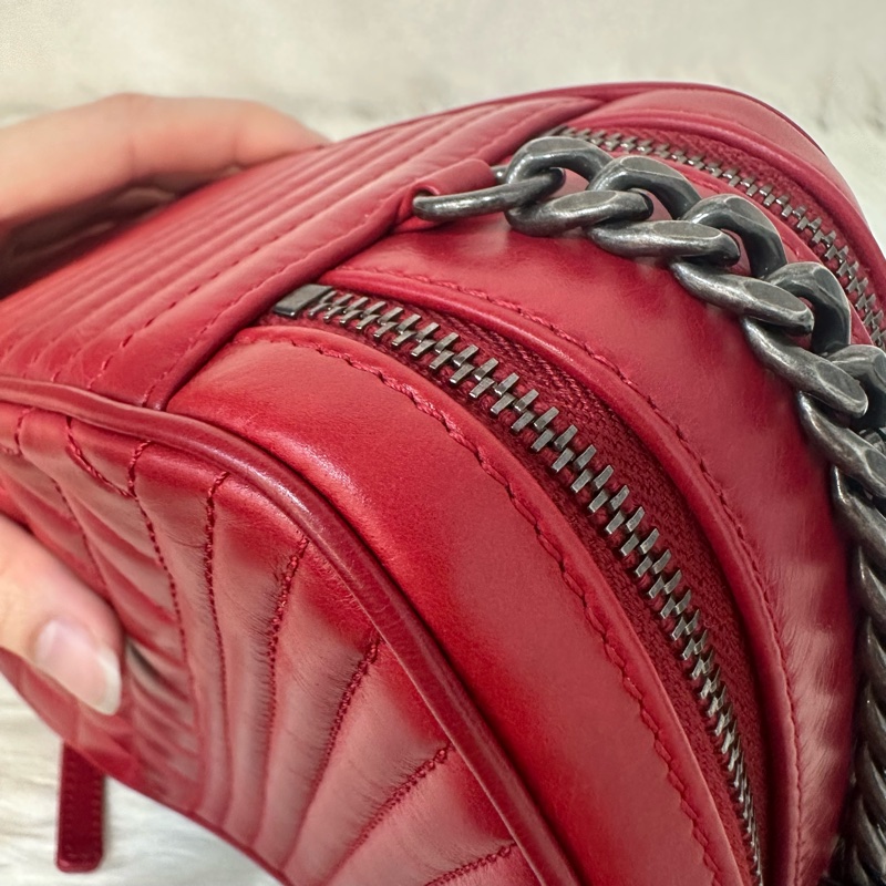 Chanel 櫻桃紅牛皮銀鏈雙層相機包-7