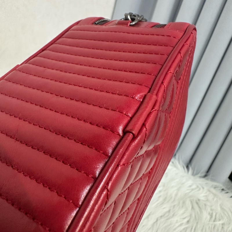 Chanel 櫻桃紅牛皮銀鏈雙層相機包-13