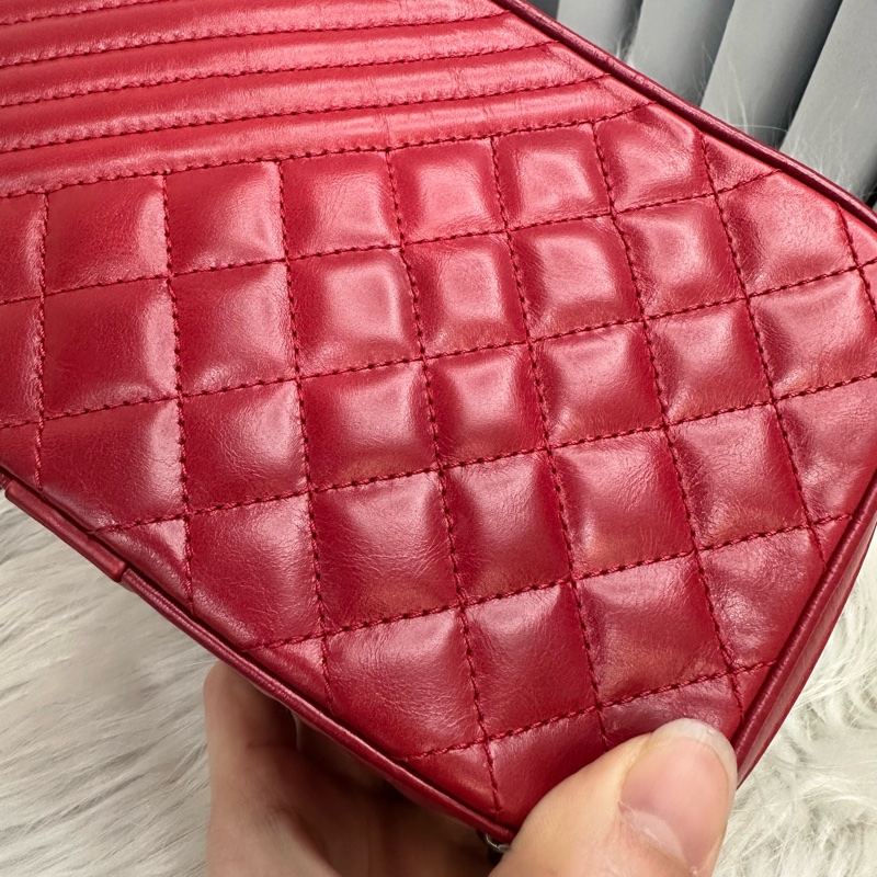 Chanel 櫻桃紅牛皮銀鏈雙層相機包-15