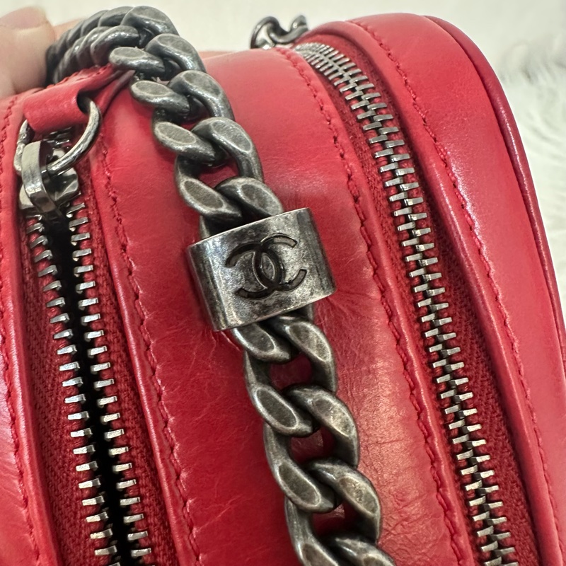 Chanel 櫻桃紅牛皮銀鏈雙層相機包-20