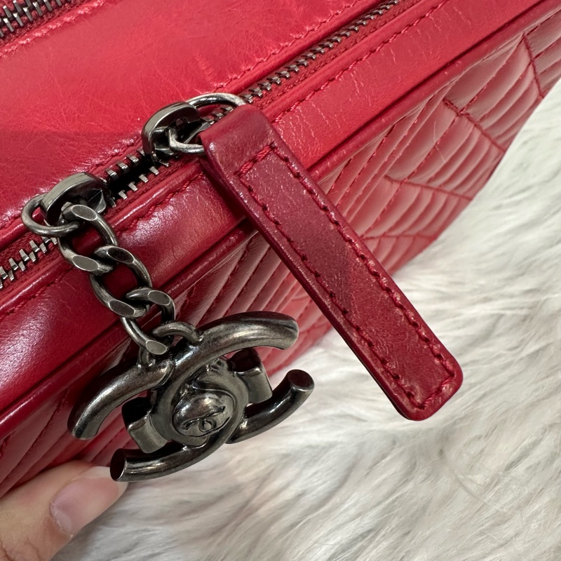 Chanel 櫻桃紅牛皮銀鏈雙層相機包-26