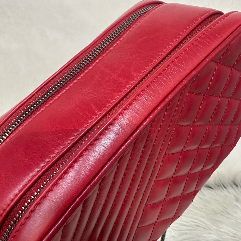 Chanel 櫻桃紅牛皮銀鏈雙層相機包-29