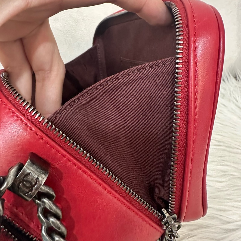 Chanel 櫻桃紅牛皮銀鏈雙層相機包-34