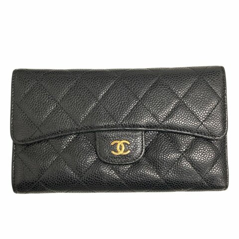 CHANEL 黑菱格長夾 荔枝紋牛皮