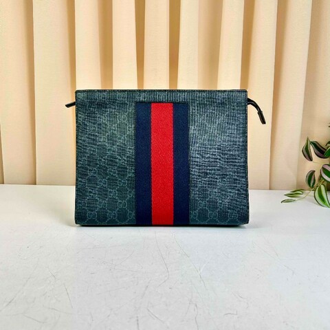 古馳Gucci古馳 經典老花Logo條紋織帶手拿包 黑灰色 拉鏈開合 輕便實用