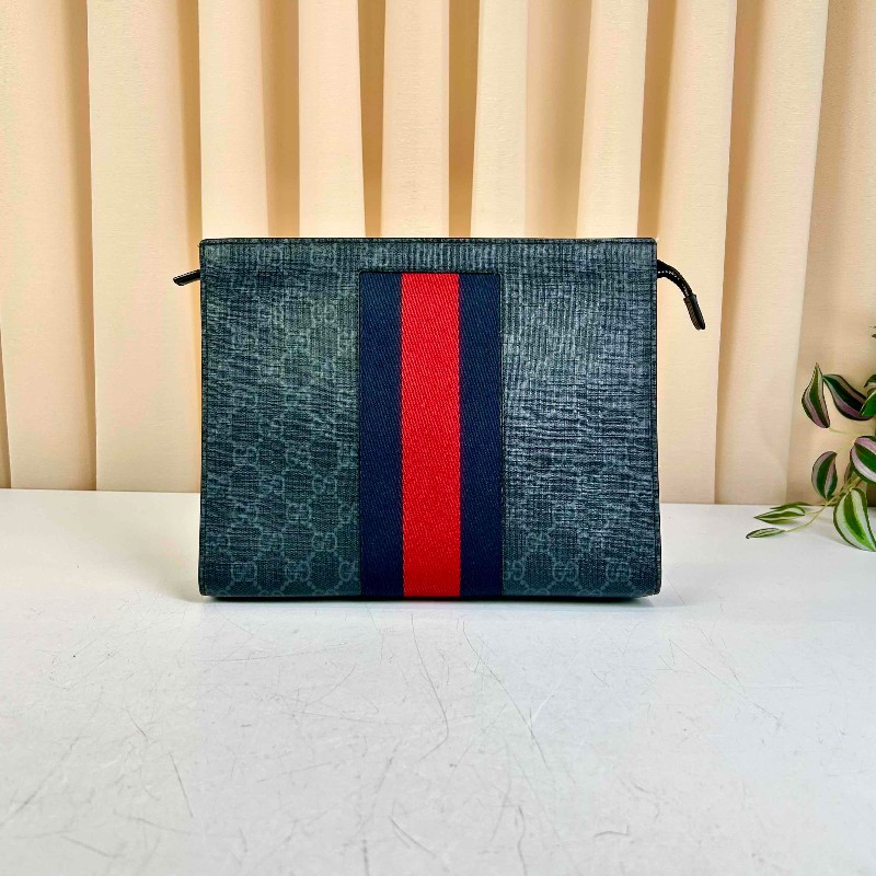 古馳Gucci古馳 經典老花Logo條紋織帶手拿包 黑灰色 拉鏈開合 輕便實用-0