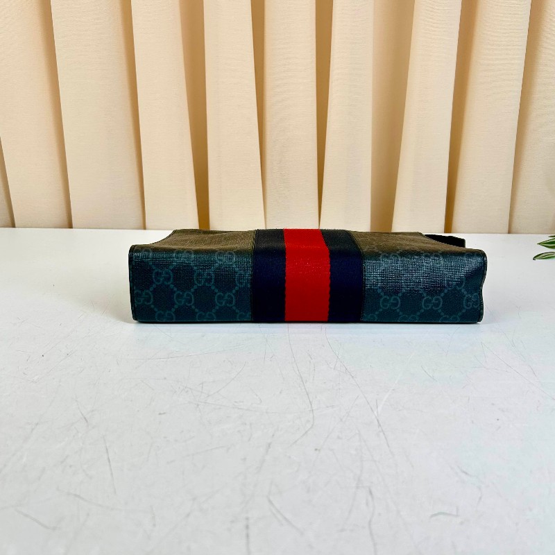 古馳Gucci古馳 經典老花Logo條紋織帶手拿包 黑灰色 拉鏈開合 輕便實用-4