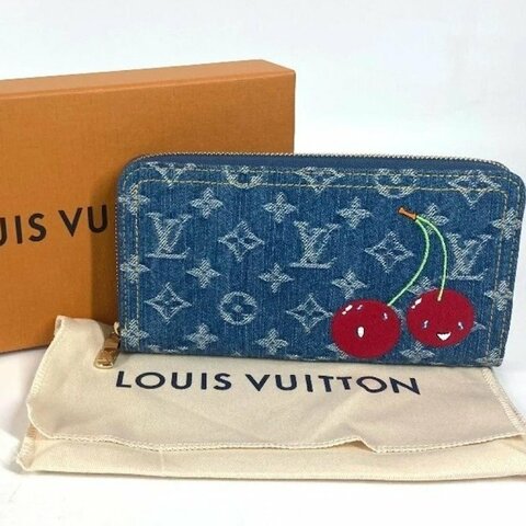 禮物~ 路易 x 村上隆Monogram櫻桃圖案水洗單寧牛仔拉鍊長夾/ LV x TM Denim Cherry Zippy Wallet