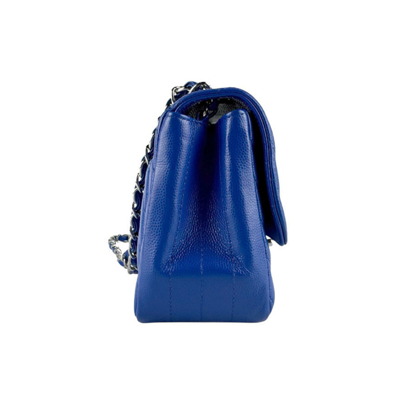 香奈兒魚子醬皮革V形縫線肩背包，藍色和銀色，女士，Z8481-1