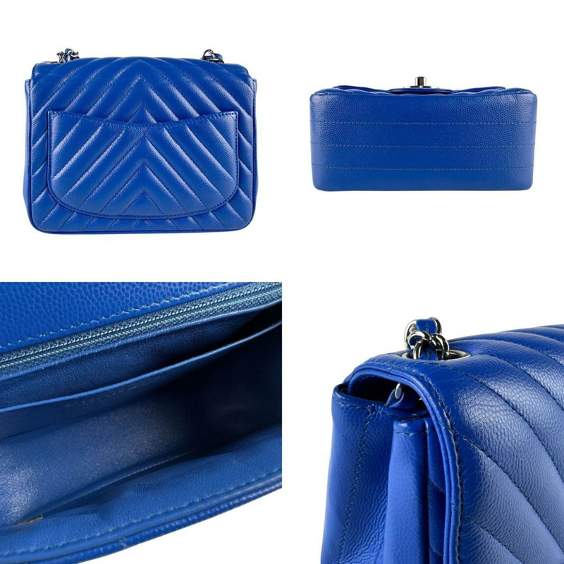 香奈兒魚子醬皮革V形縫線肩背包，藍色和銀色，女士，Z8481-2