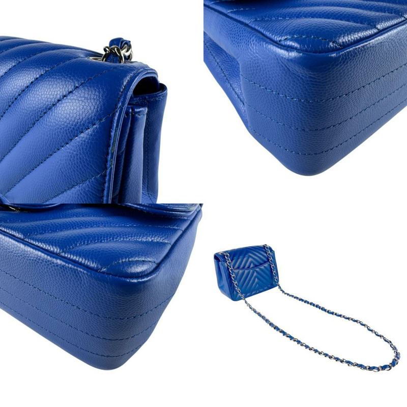 香奈兒魚子醬皮革V形縫線肩背包，藍色和銀色，女士，Z8481-3