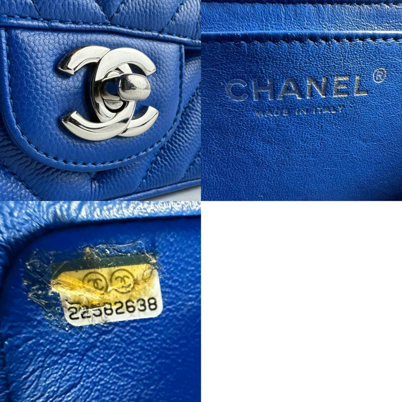 香奈兒魚子醬皮革V形縫線肩背包，藍色和銀色，女士，Z8481-4