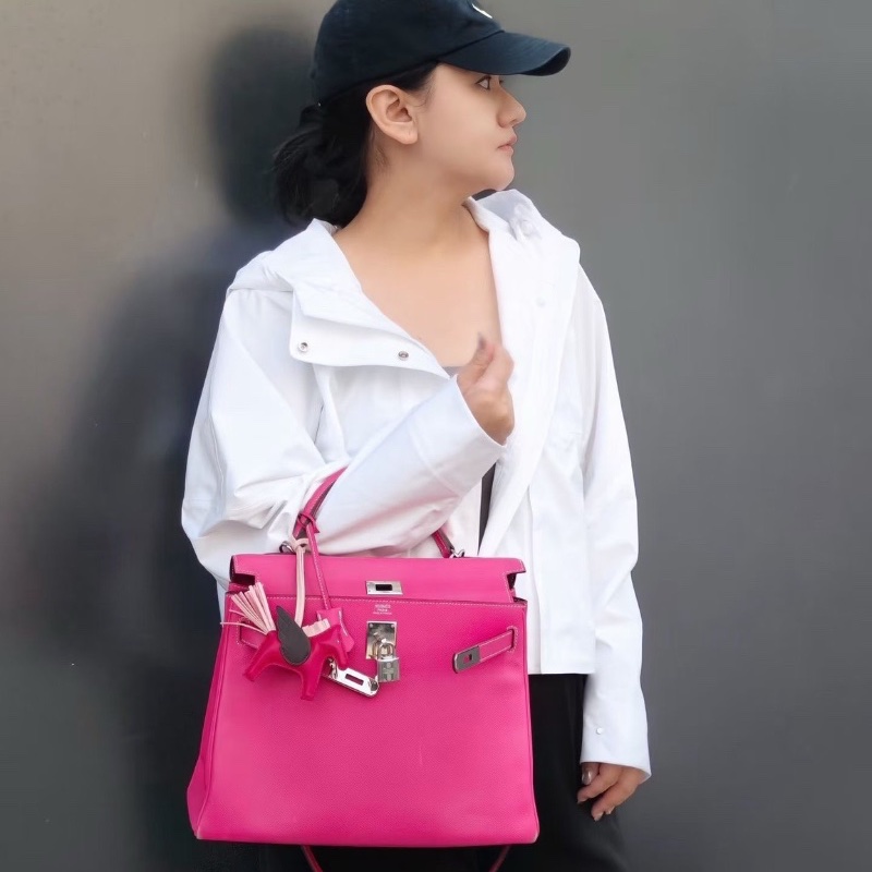 Hermes Kelly32 K32 框O 糖果粉 內裡石榴紅 epsom皮 32*23*12 98新配件肩帶鑰匙鎖塵袋雨衣-0