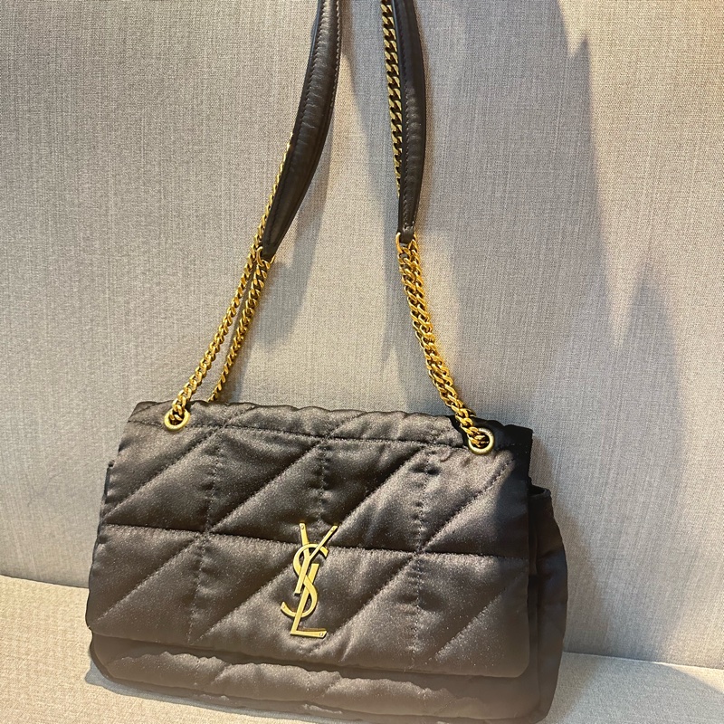 YSL 絎縫尼龍鏈帶包 經典黑金配 二用揹帶-0