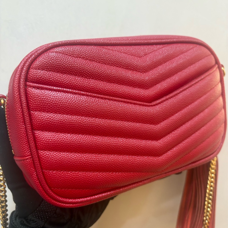 ysl 紅色金扣魚子醬流蘇相機包-5