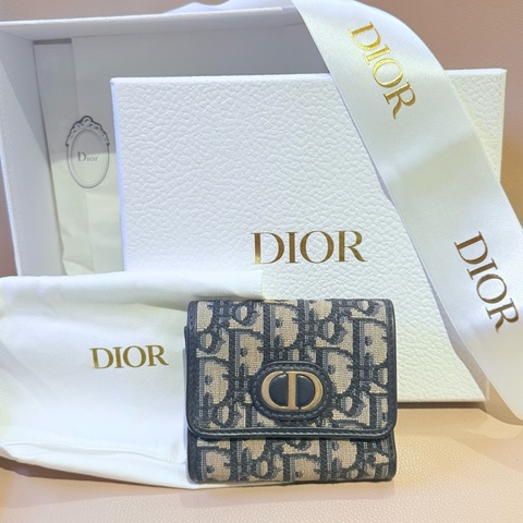 Dior MONTAIGNE 蒙田老花藍色緹花布翻蓋三折短夾